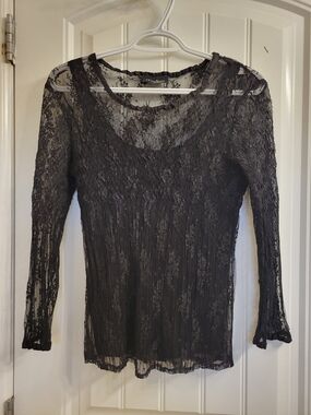 2/$20 Sheer Black Lace Long-Sleeve Blouse
